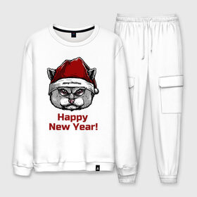 Мужской костюм хлопок с принтом Злой кот Happy New Year! в Кировске, 100% хлопок | на свитшоте круглая горловина, мягкая резинка по низу. Брюки заужены к низу, на них два вида карманов: два “обычных” по бокам и два объемных, с клапанами, расположенные ниже линии бедра. Брюки с мягкой трикотажной резинкой на поясе и по низу штанин. В поясе для дополнительного комфорта — широкие завязки | 