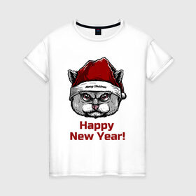 Женская футболка хлопок с принтом Злой кот Happy New Year! в Кировске, 100% хлопок | прямой крой, круглый вырез горловины, длина до линии бедер, слегка спущенное плечо | 