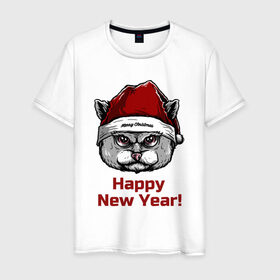 Мужская футболка хлопок с принтом Злой кот Happy New Year! в Кировске, 100% хлопок | прямой крой, круглый вырез горловины, длина до линии бедер, слегка спущенное плечо. | 
