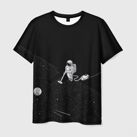 Мужская футболка 3D с принтом Космический клининг в Кировске, 100% полиэфир | прямой крой, круглый вырез горловины, длина до линии бедер | cleaner | cosmonaut | moon | space | stars | vacuum | звезды | космонавт | космос | луна | пылесос | уборка