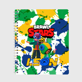 Тетрадь с принтом BRAWL STARS LEON. в Кировске, 100% бумага | 48 листов, плотность листов — 60 г/м2, плотность картонной обложки — 250 г/м2. Листы скреплены сбоку удобной пружинной спиралью. Уголки страниц и обложки скругленные. Цвет линий — светло-серый
 | 8 bit | brawl stars | colette | crow | gale | leon | max | mecha | mecha crow | mr.p | sally leon | shark | tara | virus 8 bit | werewolf leon | акула | берли | бравл старс | ворон | коллет | макс | оборотень