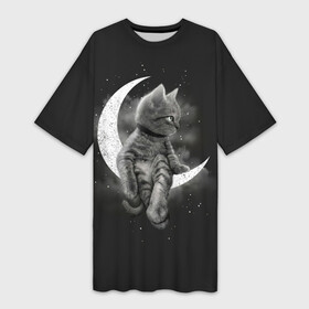 Платье-футболка 3D с принтом Котик на луне в Кировске,  |  | cat | likee | tik tok | астронавт | вселенная | галактика | грозовой кошак | дым | звезда | космос | кот | кот в космосе | кот на луне | котик | кошак | кошечка | кошка | лайки | луна | милый кот | мур | мяу | облако