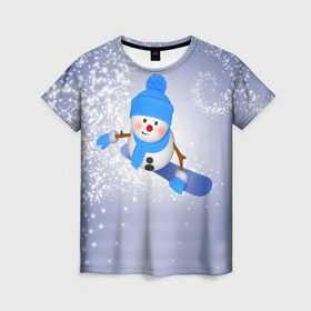 Женская футболка 3D с принтом Новогодний Снеговик в Кировске, 100% полиэфир ( синтетическое хлопкоподобное полотно) | прямой крой, круглый вырез горловины, длина до линии бедер | 