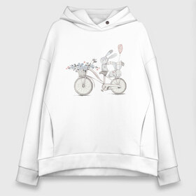 Женское худи Oversize хлопок с принтом Кролики на велосипеде в Кировске, френч-терри — 70% хлопок, 30% полиэстер. Мягкий теплый начес внутри —100% хлопок | боковые карманы, эластичные манжеты и нижняя кромка, капюшон на магнитной кнопке | ball | bike | bunny | flowers | велосипед | зайчики | кролики | цветы | шарик