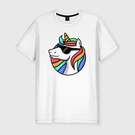 Мужская футболка хлопок Slim с принтом Стильный единорог в Кировске, 92% хлопок, 8% лайкра | приталенный силуэт, круглый вырез ворота, длина до линии бедра, короткий рукав | rainbow | unicorn | единорог | очки | радуга