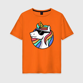 Женская футболка хлопок Oversize с принтом Стильный единорог в Кировске, 100% хлопок | свободный крой, круглый ворот, спущенный рукав, длина до линии бедер
 | rainbow | unicorn | единорог | очки | радуга