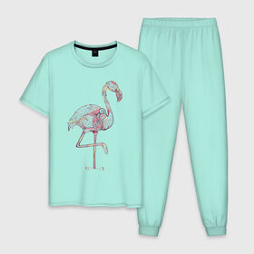Мужская пижама хлопок с принтом Узорчатый фламинго в Кировске, 100% хлопок | брюки и футболка прямого кроя, без карманов, на брюках мягкая резинка на поясе и по низу штанин
 | Тематика изображения на принте: bird | flamingo | spiral | птица | спираль | узор | фламинго