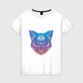 Женская футболка хлопок с принтом Просветлённый кот в Кировске, 100% хлопок | прямой крой, круглый вырез горловины, длина до линии бедер, слегка спущенное плечо | арт | глаз | градиент | кот | кошка | мудрость | просветлённый | рисунок | третий глаз