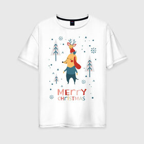 Женская футболка хлопок Oversize с принтом Merry Christmas (Собачки) в Кировске, 100% хлопок | свободный крой, круглый ворот, спущенный рукав, длина до линии бедер
 | 