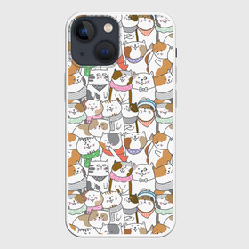 Чехол для iPhone 13 mini с принтом Большая семья котиков в Кировске,  |  | bow | cat | scarf | spots | бант | косынка | кот | полоски | пятна | улыбки | шапка | шарф
