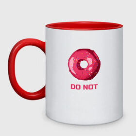 Кружка двухцветная с принтом Пончик DO NOT в Кировске, керамика | объем — 330 мл, диаметр — 80 мм. Цветная ручка и кайма сверху, в некоторых цветах — вся внутренняя часть | donut | food | pink | еда | игра слов | пончик | розовый