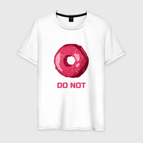 Мужская футболка хлопок с принтом Пончик DO NOT в Кировске, 100% хлопок | прямой крой, круглый вырез горловины, длина до линии бедер, слегка спущенное плечо. | Тематика изображения на принте: donut | food | pink | еда | игра слов | пончик | розовый