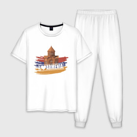 Мужская пижама хлопок с принтом Армения в Кировске, 100% хлопок | брюки и футболка прямого кроя, без карманов, на брюках мягкая резинка на поясе и по низу штанин
 | armenia | арарат | армения | герб | горы | лев | страна | флаг | шашлык