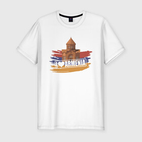 Мужская футболка хлопок Slim с принтом Армения в Кировске, 92% хлопок, 8% лайкра | приталенный силуэт, круглый вырез ворота, длина до линии бедра, короткий рукав | armenia | арарат | армения | герб | горы | лев | страна | флаг | шашлык