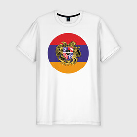 Мужская футболка хлопок Slim с принтом Армения в Кировске, 92% хлопок, 8% лайкра | приталенный силуэт, круглый вырез ворота, длина до линии бедра, короткий рукав | Тематика изображения на принте: armenia | арарат | армения | герб | горы | лев | страна | флаг | шашлык