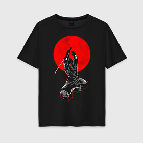 Женская футболка хлопок Oversize с принтом Samurai в Кировске, 100% хлопок | свободный крой, круглый ворот, спущенный рукав, длина до линии бедер
 | art | katana | man | ninja | red moon | samurai | арт | катана | красная луна | ниндзя | самурай | человек