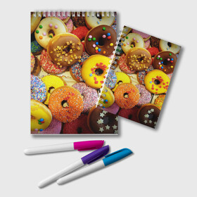 Блокнот с принтом Сладкие пончики в Кировске, 100% бумага | 48 листов, плотность листов — 60 г/м2, плотность картонной обложки — 250 г/м2. Листы скреплены удобной пружинной спиралью. Цвет линий — светло-серый
 | еда | пончики | сладости | цветной | яркий