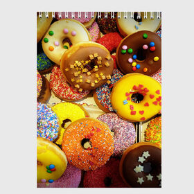 Скетчбук с принтом Сладкие пончики в Кировске, 100% бумага
 | 48 листов, плотность листов — 100 г/м2, плотность картонной обложки — 250 г/м2. Листы скреплены сверху удобной пружинной спиралью | еда | пончики | сладости | цветной | яркий