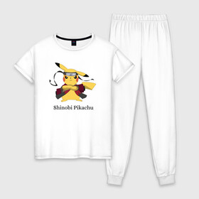 Женская пижама хлопок с принтом Ниндзя Пикачу в Кировске, 100% хлопок | брюки и футболка прямого кроя, без карманов, на брюках мягкая резинка на поясе и по низу штанин | 