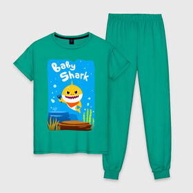 Женская пижама хлопок с принтом Baby Shark в Кировске, 100% хлопок | брюки и футболка прямого кроя, без карманов, на брюках мягкая резинка на поясе и по низу штанин | babyshark | babysharkchallenge | babysharkdance | акулёнок | детскаяпесенка | семьяакул