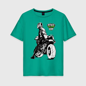 Женская футболка хлопок Oversize с принтом Kawasaki Ninja Cup в Кировске, 100% хлопок | свободный крой, круглый ворот, спущенный рукав, длина до линии бедер
 | cup | engine | girl | helmet | motorcycle | power | двигатель | девушка | кубок | мотоцикл | мощь | шлем