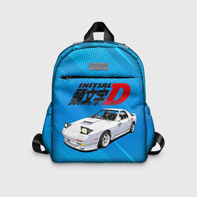 Детский рюкзак 3D с принтом Initial D машина на голубом фоне в Кировске, 100% полиэстер | лямки с регулируемой длиной, сверху петелька, чтобы рюкзак можно было повесить на вешалку. Основное отделение закрывается на молнию, как и внешний карман. Внутри дополнительный карман. По бокам два дополнительных кармашка | initial d | аниме | гонки | инициал ди | король дрифта | уличные гонки | фильм