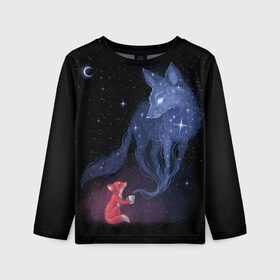 Детский лонгслив 3D с принтом Лиса и ее дух в Кировске, 100% полиэстер | длинные рукава, круглый вырез горловины, полуприлегающий силуэт
 | fox | moon | stars | дух | звезды | лес | леса | лиса | лиса и лес | лисичка | лисичка в лесу | лисички в космосе | лисы | луна | небо | ночное небо | с лисами | темнота