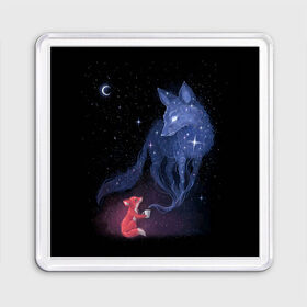 Магнит 55*55 с принтом Лиса и ее дух в Кировске, Пластик | Размер: 65*65 мм; Размер печати: 55*55 мм | fox | moon | stars | дух | звезды | лес | леса | лиса | лиса и лес | лисичка | лисичка в лесу | лисички в космосе | лисы | луна | небо | ночное небо | с лисами | темнота