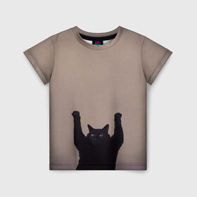 Детская футболка 3D с принтом Кот сдается в Кировске, 100% гипоаллергенный полиэфир | прямой крой, круглый вырез горловины, длина до линии бедер, чуть спущенное плечо, ткань немного тянется | Тематика изображения на принте: cat | арест | испуг | кот | руки вверх | черный кот