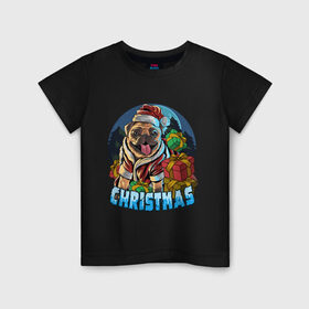 Детская футболка хлопок с принтом Рождественский мопс в Кировске, 100% хлопок | круглый вырез горловины, полуприлегающий силуэт, длина до линии бедер | 