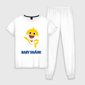 Женская пижама хлопок с принтом Baby Shark Рисунок на спине в Кировске, 100% хлопок | брюки и футболка прямого кроя, без карманов, на брюках мягкая резинка на поясе и по низу штанин | 