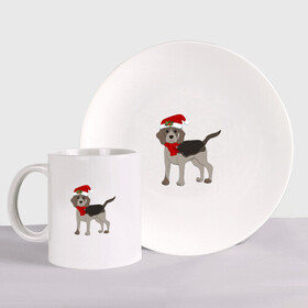 Набор: тарелка + кружка с принтом Новогодний Бигль в Кировске, керамика | Кружка: объем — 330 мл, диаметр — 80 мм. Принт наносится на бока кружки, можно сделать два разных изображения. 
Тарелка: диаметр - 210 мм, диаметр для нанесения принта - 120 мм. | 2021 | бигль | зима | зимняя собака | милый | нарядная собака | новогодний щенок | новый год | подарок | собака | собака в шапке | шарф | щенок | щенок с шарфом