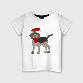 Детская футболка хлопок с принтом Новогодний Бигль в Кировске, 100% хлопок | круглый вырез горловины, полуприлегающий силуэт, длина до линии бедер | Тематика изображения на принте: 2021 | бигль | зима | зимняя собака | милый | нарядная собака | новогодний щенок | новый год | подарок | собака | собака в шапке | шарф | щенок | щенок с шарфом
