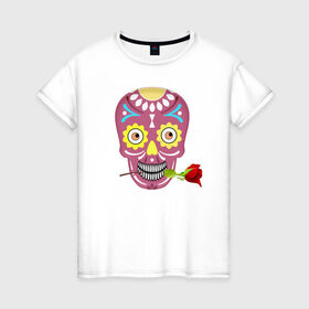 Женская футболка хлопок с принтом Череп с розой в Кировске, 100% хлопок | прямой крой, круглый вырез горловины, длина до линии бедер, слегка спущенное плечо | деньмертвых | зубы | мексика | роза | скелет | хэллоуин | цветок | череп
