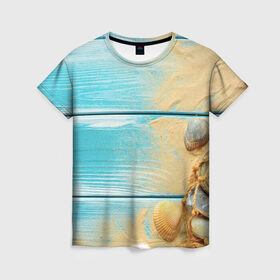 Женская футболка 3D с принтом ПИРС в Кировске, 100% полиэфир ( синтетическое хлопкоподобное полотно) | прямой крой, круглый вырез горловины, длина до линии бедер | доски | лето | море | песок | пирс | пляж | ракушки