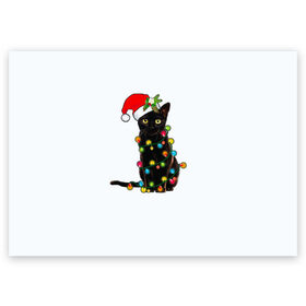 Поздравительная открытка с принтом Новогодний кот в Кировске, 100% бумага | плотность бумаги 280 г/м2, матовая, на обратной стороне линовка и место для марки
 | 2021 | белка | гирлянда | год быка | дед мороз | елка | енот | кот | котик | лиса | маска | неон | новогодний кот | новогодняя | новый год | олень | праздник | радуга | рождество | с новым годом | санта