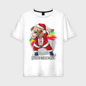 Женская футболка хлопок Oversize с принтом Новогодний мопс в Кировске, 100% хлопок | свободный крой, круглый ворот, спущенный рукав, длина до линии бедер
 | 