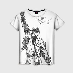Женская футболка 3D с принтом Freddie Mercury в Кировске, 100% полиэфир ( синтетическое хлопкоподобное полотно) | прямой крой, круглый вырез горловины, длина до линии бедер | freddie mercury | queen | автограф | квин | фредди меркьюри