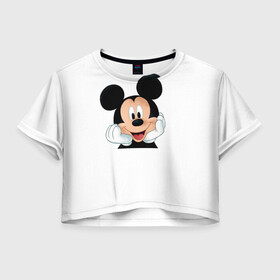 Женская футболка Crop-top 3D с принтом Футболка с Микки Маусом в Кировске, 100% полиэстер | круглая горловина, длина футболки до линии талии, рукава с отворотами | disney | белая футболка