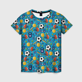 Женская футболка 3D с принтом СПОРТ в Кировске, 100% полиэфир ( синтетическое хлопкоподобное полотно) | прямой крой, круглый вырез горловины, длина до линии бедер | бейсбол | гиря | спорт | футбол | футбольный мяч | штанга