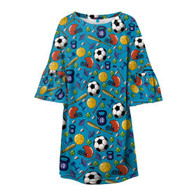 Детское платье 3D с принтом СПОРТ в Кировске, 100% полиэстер | прямой силуэт, чуть расширенный к низу. Круглая горловина, на рукавах — воланы | бейсбол | гиря | спорт | футбол | футбольный мяч | штанга