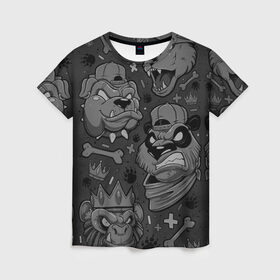 Женская футболка 3D с принтом CRAZY ANIMALS в Кировске, 100% полиэфир ( синтетическое хлопкоподобное полотно) | прямой крой, круглый вырез горловины, длина до линии бедер | бульдог | головы животных | медведь | мультяшные животные | обезьяна | панда | собака