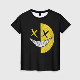 Женская футболка 3D с принтом SMILE в Кировске, 100% полиэфир ( синтетическое хлопкоподобное полотно) | прямой крой, круглый вырез горловины, длина до линии бедер | глаза крестики | злой смайл | зубы | контраст | смайл | эмоция