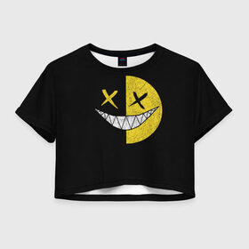 Женская футболка Crop-top 3D с принтом SMILE в Кировске, 100% полиэстер | круглая горловина, длина футболки до линии талии, рукава с отворотами | глаза крестики | злой смайл | зубы | контраст | смайл | эмоция