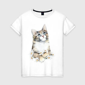 Женская футболка хлопок с принтом Кошечка в Кировске, 100% хлопок | прямой крой, круглый вырез горловины, длина до линии бедер, слегка спущенное плечо | 