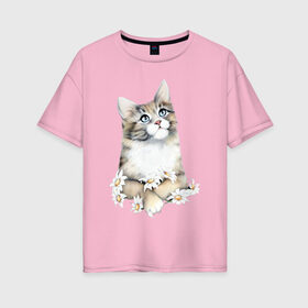 Женская футболка хлопок Oversize с принтом Кошечка в Кировске, 100% хлопок | свободный крой, круглый ворот, спущенный рукав, длина до линии бедер
 | 