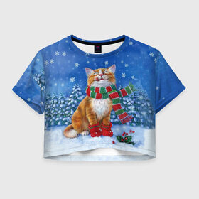 Женская футболка Crop-top 3D с принтом Cat New Year в Кировске, 100% полиэстер | круглая горловина, длина футболки до линии талии, рукава с отворотами | 2021 | santa | белка | гирлянда | год быка | дед мороз | елка | енот | зверь | кот | котейка | котик | кошак | лиса | мальчик | маска | неон | новогодняя | новый год | олень | пингвин | праздник | радуга | ребенку