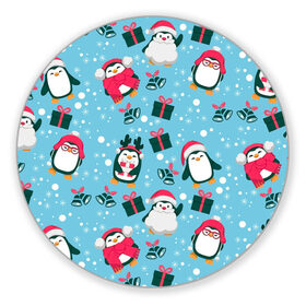 Коврик для мышки круглый с принтом Новогодние Пингвины в Кировске, резина и полиэстер | круглая форма, изображение наносится на всю лицевую часть | 2021 | белка | гирлянда | год быка | дед мороз | детская | дочка | елка | енот | кот | котик | лиса | маска | милая | неон | новогодняя | новый год | олень | паттерн | пингвин | подарок | праздник | радуга
