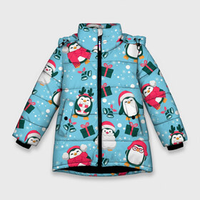 Зимняя куртка для девочек 3D с принтом Новогодние Пингвины в Кировске, ткань верха — 100% полиэстер; подклад — 100% полиэстер, утеплитель — 100% полиэстер. | длина ниже бедра, удлиненная спинка, воротник стойка и отстегивающийся капюшон. Есть боковые карманы с листочкой на кнопках, утяжки по низу изделия и внутренний карман на молнии. 

Предусмотрены светоотражающий принт на спинке, радужный светоотражающий элемент на пуллере молнии и на резинке для утяжки. | 2021 | белка | гирлянда | год быка | дед мороз | детская | дочка | елка | енот | кот | котик | лиса | маска | милая | неон | новогодняя | новый год | олень | паттерн | пингвин | подарок | праздник | радуга