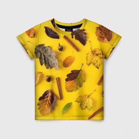 Детская футболка 3D с принтом Гербарий в Кировске, 100% гипоаллергенный полиэфир | прямой крой, круглый вырез горловины, длина до линии бедер, чуть спущенное плечо, ткань немного тянется | гербарий | жёлтый | листья | осень